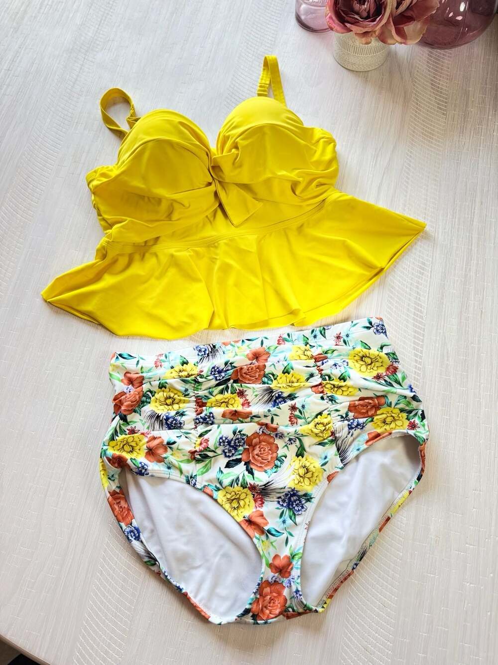 Torrid Size 1 Yellow Peplum Bikini Set Floral High Waisted